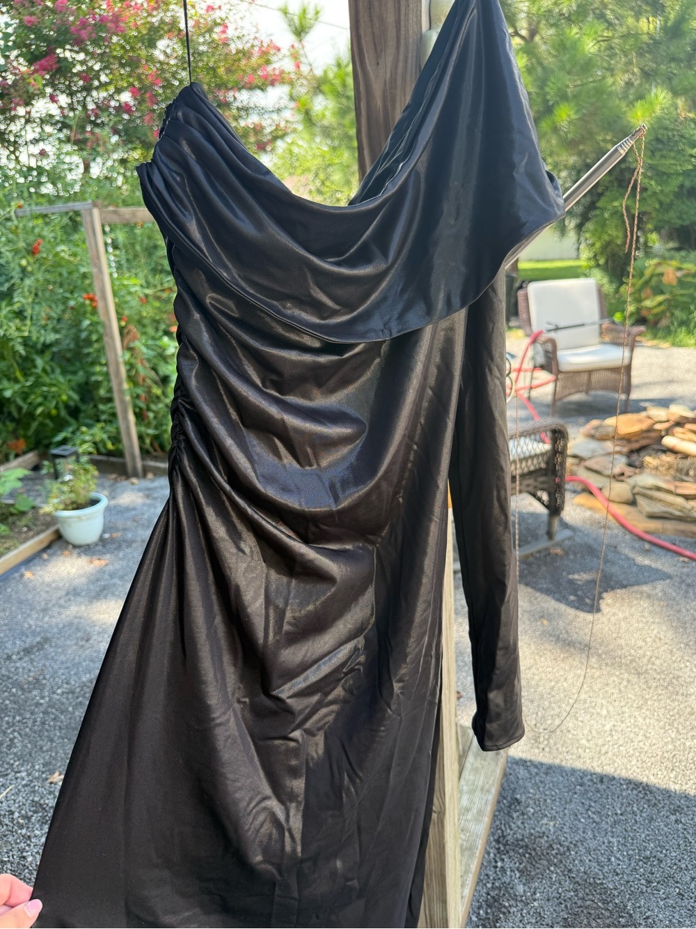 Cache One-Shoulder Black Satin Dress with Draped Detail